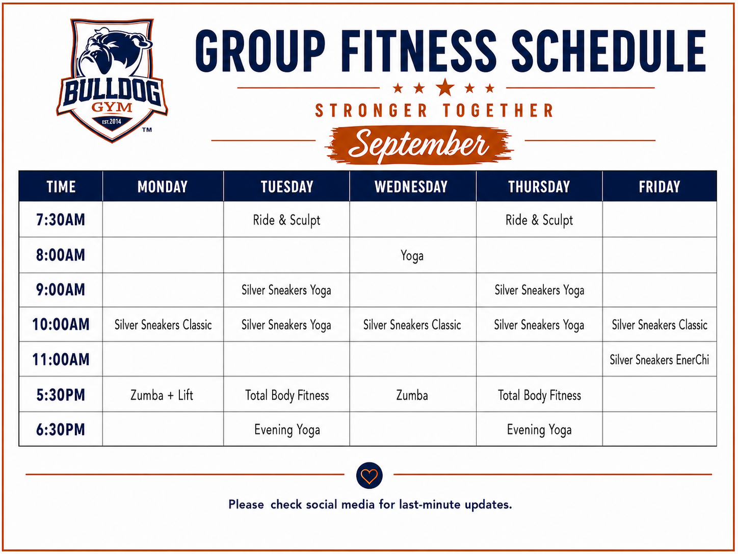Bulldog Gym September 2026 Group Fitness Schedule