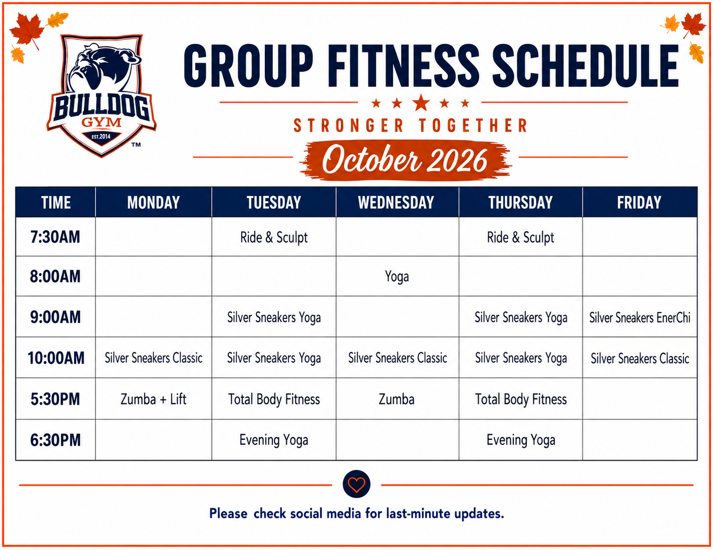 Bulldog Gym September 2026 Group Fitness Schedule